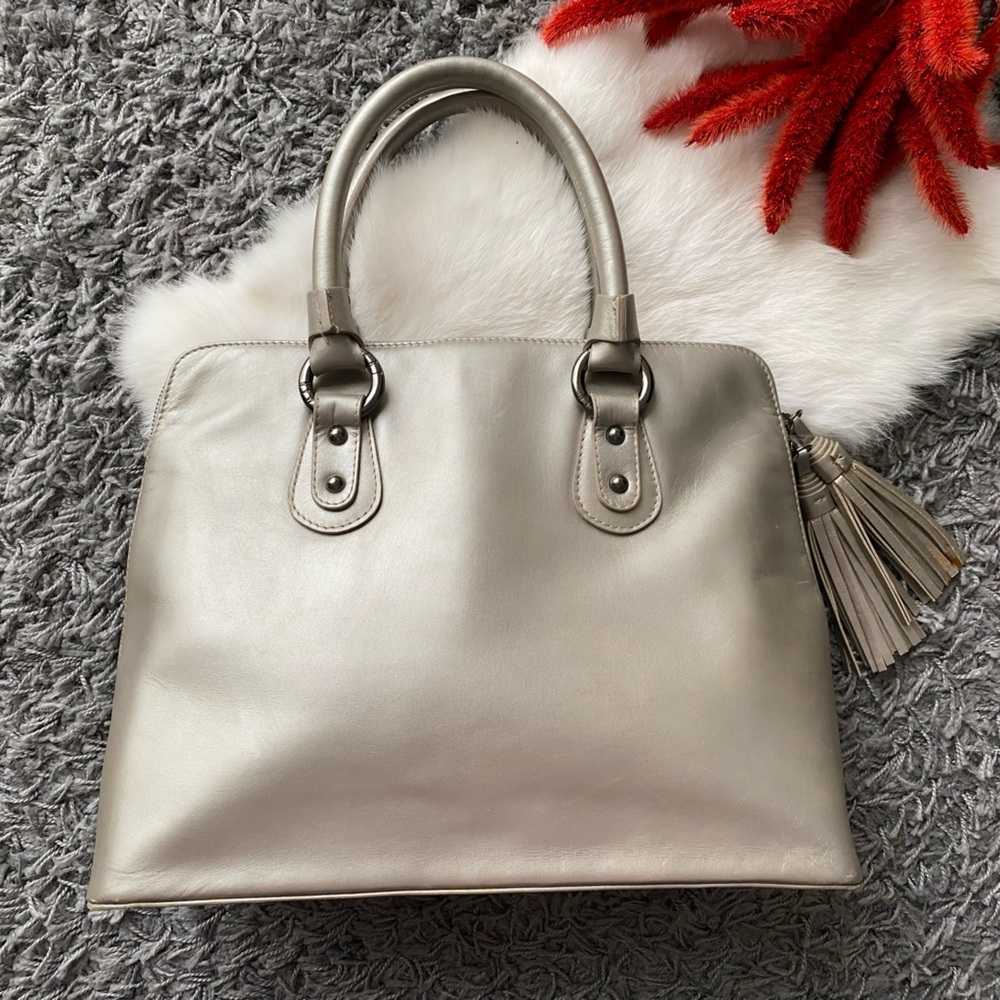 STUART WEITZMAN Luxury Metallic Leather Tote with Tassel